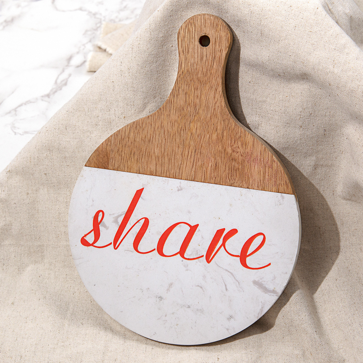 Round Wood and Marble-Effect Serving Board – “Share” Printed Decorative Cheese Tray